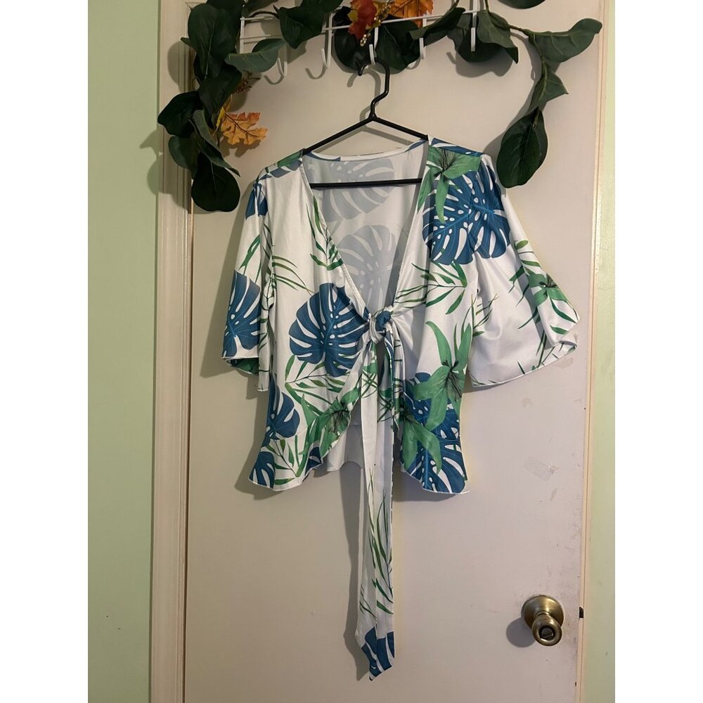 Women’s Tropical Leaf Print Tie Front Kimono Top Blouse Boho Resort Vacation Sz